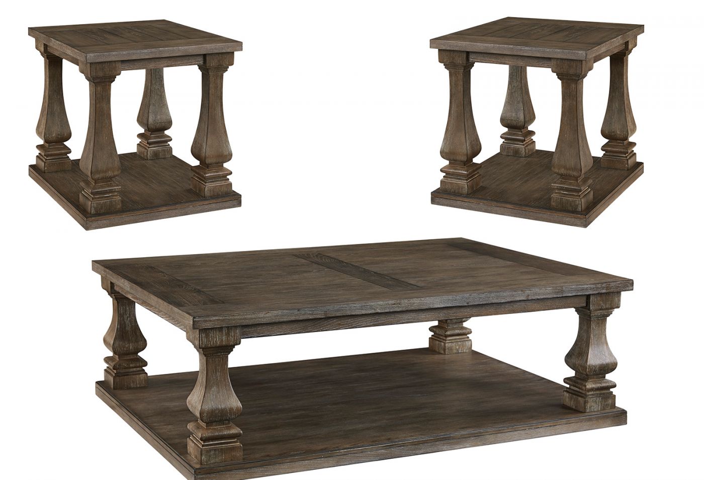 JOHNELLE WEATHERED GRAY PIECE COFFEE TABLE SET SIGNATURE DESIGN BY