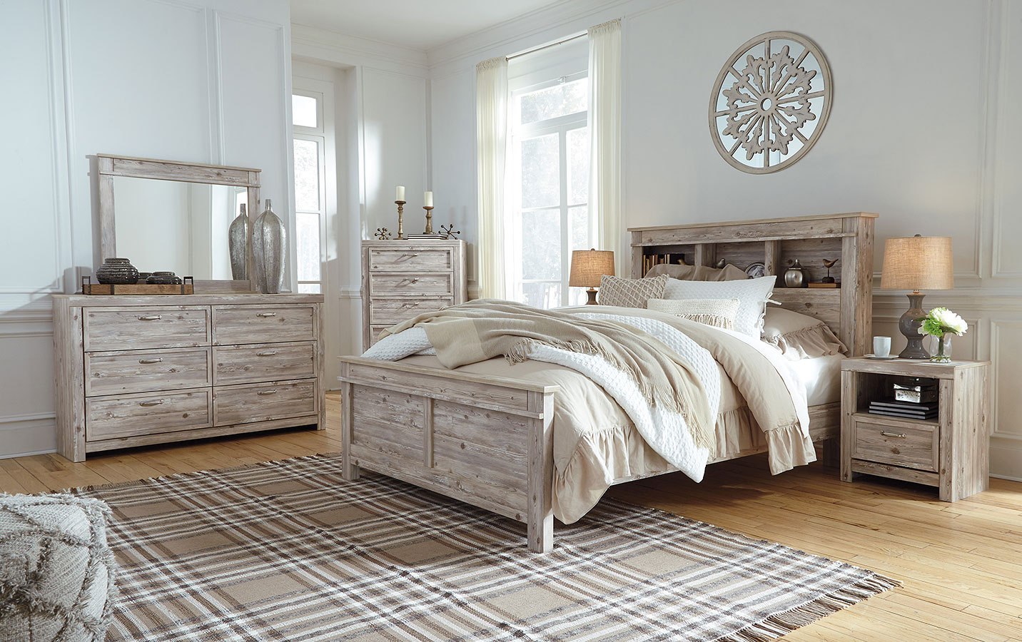 WILLABRY WEATHERED BEIGE BOOKCASE BEDROOM SET BENCHCRAFT DESIGN BY ...