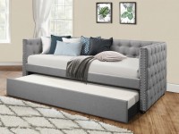 COURAGE GRAY LINEN DAYBED WITH NAILHEAD TRIM AND TWIN TRUNDLE
