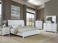 MAYBELLE WHITE WEATHERED FINISH SLEIGH BEDROOM SET WITH NAILHEAD AND METAL DRAWER PULLS