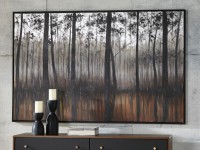 WALL ART WITH SILVER TINTED TREES IN SHADES OF BLACK, SILVER, AND ORANGE WITH HAND PAINTED DETAILING