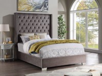 GRAY 6 FOOT TALL FAUX LEATHER UPHOLSTERED DIAMOND TUFTED BED WITH NAIL HEAD TRIM