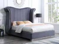 LUNA GRAY VELVET PLATFORM BED WITH CURVED WINGS AND NAIL HEAD TRIM