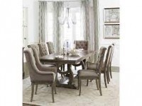 VERMILLION FORMAL UPHOLSTERED TUFTED 7 PC DINING SET WITH BISQUE FINISH AND TRESTLE BASE