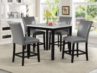 IRIS 42 INCH SQUARE 5 PIECE WHITE FAUX MARBLE COUNTERHEIGHT DINING SET WITH BLACK OR SILVER FAUX LEATHER CHAIRS