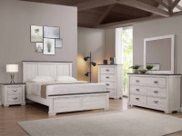 MODERN FARMHOUSE LEIGHTON  TWO TONE ANTIQUE WHITE AND BROWN TOPS BEDROOM SET WITH METAL DRAWER PULLS AND ANGLED FEET