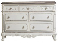 CINDERELLA ANTIQUE WHITE TWO TONE DRESSER WITH FLORAL MOTIF HARDWARE AND TRADITIONAL CARVING DETAILS