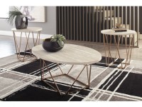 TARICA 3 PIECE CONTEMPORARY FAUX MARBLE COFFEE TABLE SET WITH LIGHT GOLD METAL BRIDGE TRUSS BASE