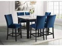 VALENTINO COUNTER HEIGHT WHITE FAUX MARBLE DINING TABLE WITH 6 BLUE VELVET CHAIRS