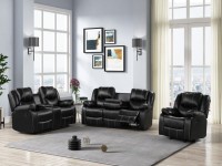 CARTER 3 PIECE BLACK LEATHER GEL RECLINING SOFA WITH DROP DOWN CUP HOLDER, LOVE SEAT WITH CONSOLE AND CHAIR