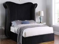 LUNA BLACK VELVET PLATFORM BED WITH CURVED WINGS AND NAIL HEAD TRIM