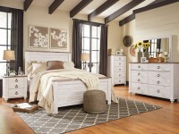 WILLOWTON 4 PIECE WHITE WASH PANEL BEDROOM SET WITH PLANK STYLE DETAILING